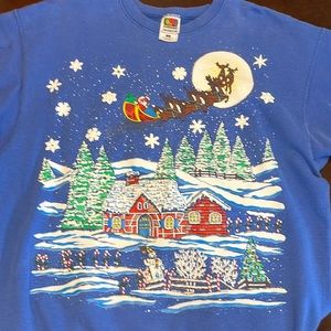 Vintage 90’s Christmas Santa and reindeer glitter paint accent. 3 small spots